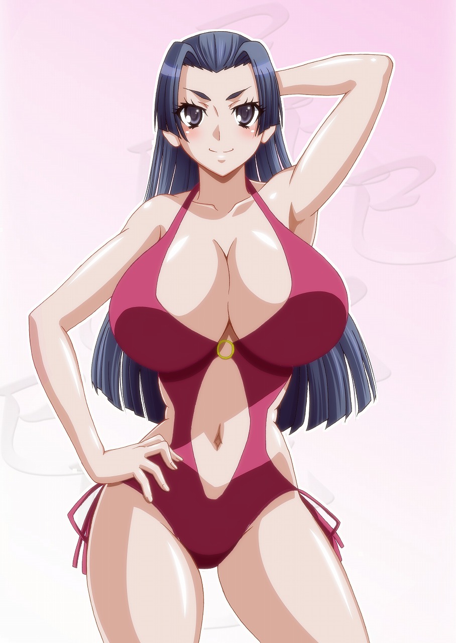 1girl alternate_breast_size arm_behind_head arm_up armpits bare_arms bare_shoulders black_hair breasts casual_one-piece_swimsuit cleavage closed_mouth commentary_request feet_out_of_frame firewarstorm gradient_background hand_on_own_hip highres huge_breasts kongou_mitsuko light_blush long_hair looking_at_viewer navel o-ring o-ring_swimsuit one-piece_swimsuit pink_background red_one-piece_swimsuit smile solo standing stomach swimsuit toaru_kagaku_no_railgun toaru_majutsu_no_index v-shaped_eyebrows white_background