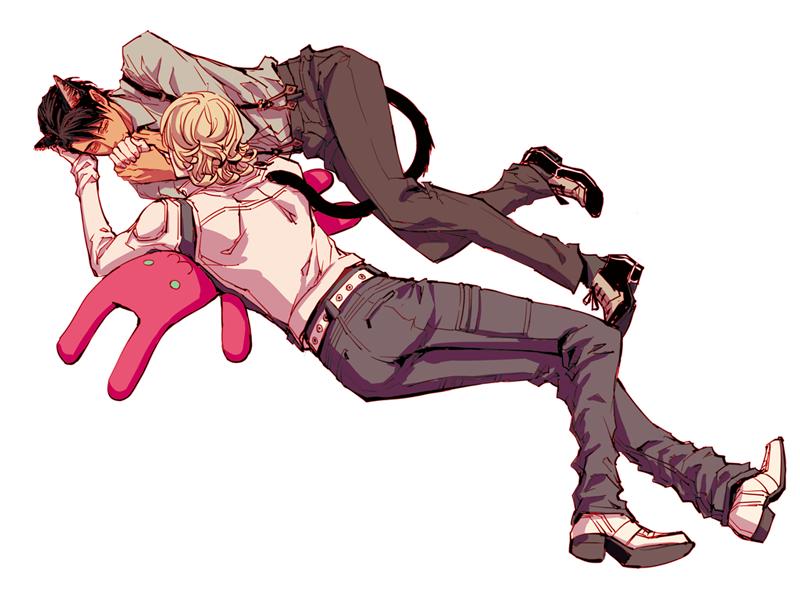 2boys animal_ears arm_up barnaby_brooks_jr. belt black_pants blonde_hair brown_hair closed_eyes collared_shirt commentary_request couple grey_shirt hand_on_another&#039;s_face holding_hands jacket kaburagi_t._kotetsu kemonomimi_mode kiss kissing_hand long_sleeves lying male_focus minamida multicolored_footwear multiple_boys on_side pants shirt shirt_tucked_in shoelaces simple_background studded_belt stuffed_animal stuffed_rabbit stuffed_toy suspenders tail tiger_&amp;_bunny wavy_hair white_background white_belt white_footwear white_jacket wing_collar yaoi