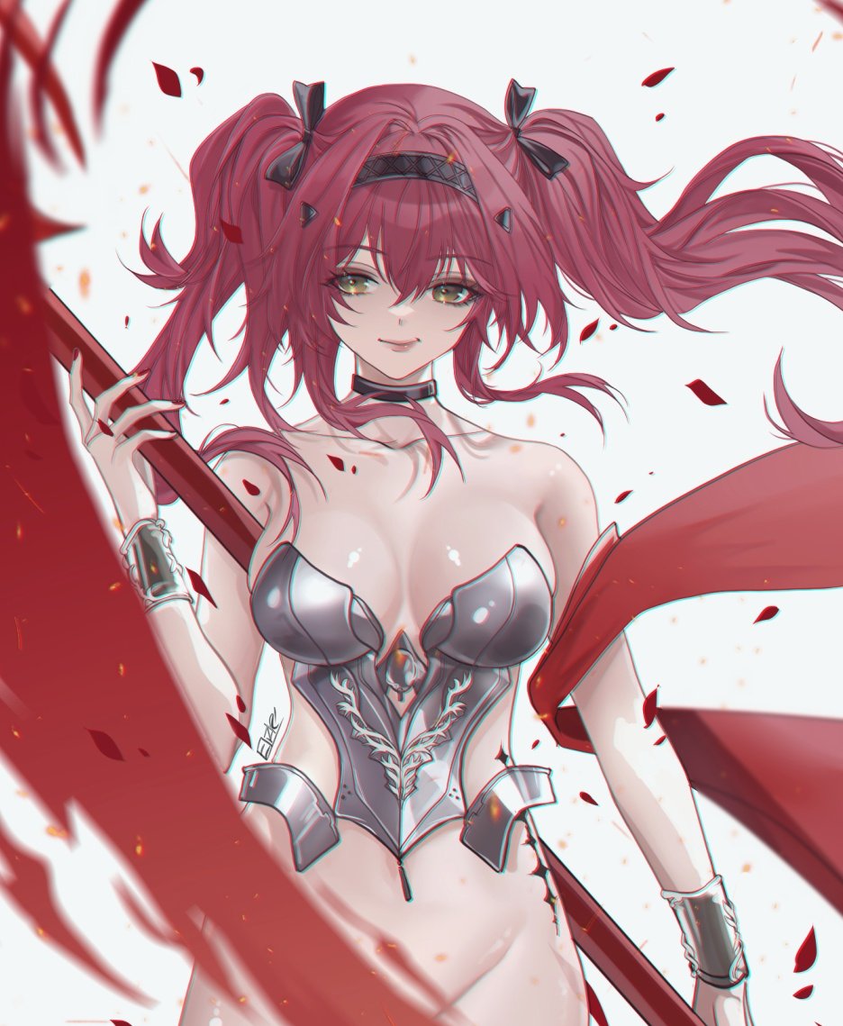 1girl armor artist_name bare_shoulders black_choker bottomless breastplate breasts choker chromatic_aberration closed_mouth collarbone commentary convenient_censoring cowboy_shot elizkras large_breasts long_hair looking_at_viewer lupa_(wuthering_waves) metal_hairband nail_polish pink_hair red_nails red_petals smile solo tacet_mark_(wuthering_waves) wrist_guards wuthering_waves yellow_eyes