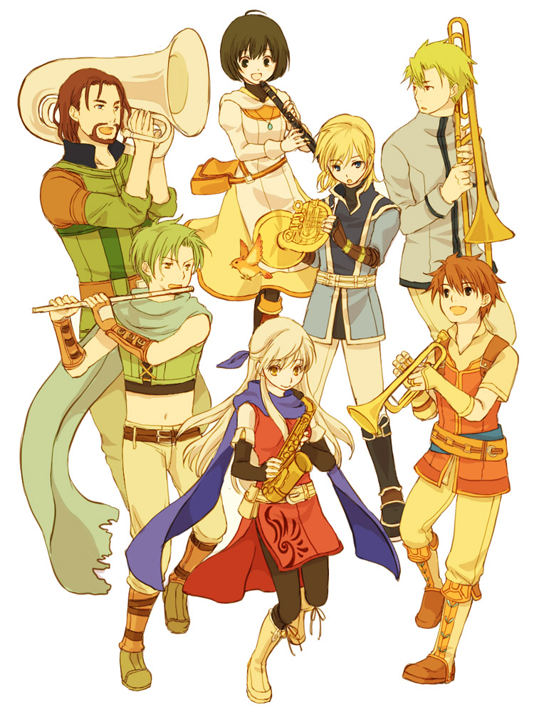 2girls 5boys :d aran_(fire_emblem) bare_shoulders beard belt bird black_gloves black_hair black_legwear blonde_hair blue_eyes blue_scarf bracelet brown_eyes brown_hair clarinet dress edward_(fire_emblem) elbow_gloves facial_hair fingerless_gloves fire_emblem fire_emblem:_radiant_dawn gloves green_eyes green_hair green_scarf hair_ribbon half_updo instrument jewelry laura_(fire_emblem) leonardo_(fire_emblem) long_hair micaiah_(fire_emblem) midriff multiple_boys multiple_girls necklace nintendo nolan_(fire_emblem) oboe open_mouth pants pantyhose ribbon saxophone scarf short_hair side_slit silver_hair simple_background sleeveless sleeveless_dress smile sothe_(fire_emblem) trombone trumpet tuba wavy_mouth white_background yellow_eyes yukaris yune_(fire_emblem)