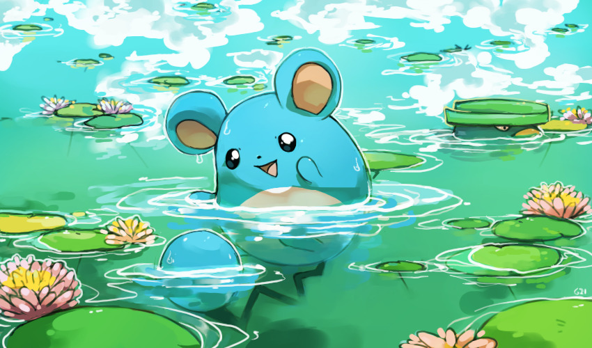 :d black_eyes commentary creature day english_commentary flower gen_2_pokemon gen_3_pokemon happy lily_pad lotad marill nintendo no_humans open_mouth partially_submerged pinkgermy pokemon pokemon_(creature) smile water