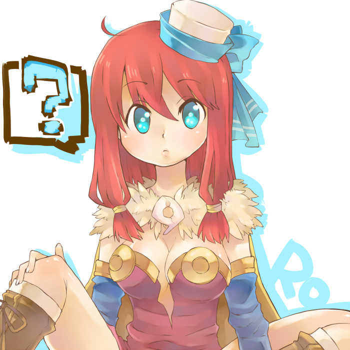 1girl ? ahoge alchemist_(ragnarok_online) blue_eyes blue_sleeves blush boots breasts brown_boots brown_cape cape cleavage closed_mouth commentary_request copyright_name detached_sleeves dress expressionless feet_out_of_frame fur_collar hat long_hair looking_at_viewer medium_breasts pillbox_hat purple_dress ragnarok_online red_hair simple_background solo sora-mame spoken_question_mark strapless strapless_dress white_background white_hat