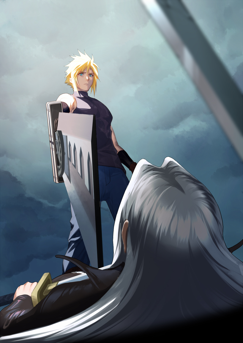 2boys bare_shoulders black_gloves black_jacket blonde_hair blue_eyes blue_pants blue_shirt blurry blurry_foreground cloud cloud_strife cloudy_sky eilinna final_fantasy final_fantasy_vii final_fantasy_vii_remake from_below fusion_swords gloves grey_hair hair_between_eyes holding holding_sword holding_weapon jacket long_hair lying male_focus masamune_(ff7) multiple_boys on_back outdoors pants parted_bangs planted planted_sword planted_weapon sephiroth shirt short_hair sky sleeveless sleeveless_turtleneck spiked_hair sword turtleneck weapon