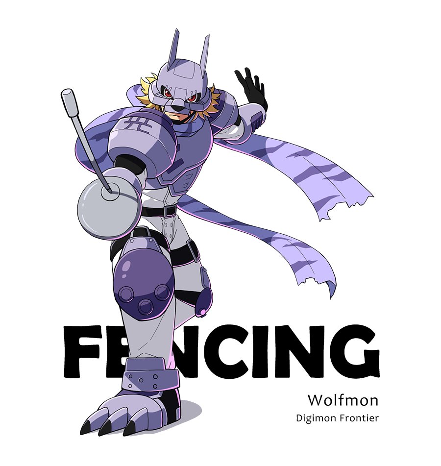 digimon digimon_(creature) english_text playing_sports simple_background solo white_background wolfmon
