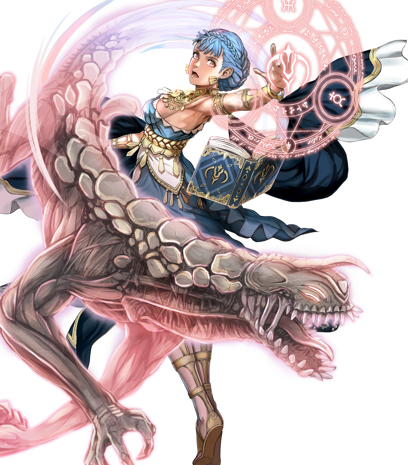 1girl alternate_costume armlet armpits bare_shoulders blue_dress blue_hair book bracelet braid breasts brown_eyes crests_(fire_emblem) crown_braid dancer dancer_(fire_emblem:_three_houses) dress earrings female_focus fire_emblem fire_emblem:_three_houses fire_emblem_heroes highres jewelry kusakihara_toshiyuki looking_at_viewer magic_circle marianne_von_edmund marianne_von_edmund_(serene_adherent) marianne_von_edmund_(timeskip) maurice_(fire_emblem) medium_breasts monster nintendo off_shoulder official_art open_mouth short_hair sideboob solo transparent_background twisted_torso