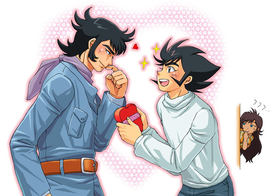 1girl 2boys around_corner belt black_eyes black_hair blue_eyes blush brown_hair giggling heart heart_background honoo_jun kabuto_kouji kakyoi long_hair mazinger_(series) mazinger_z multiple_boys peeking scarf sideburns toei_animation tsurugi_tetsuya valentine yaoi