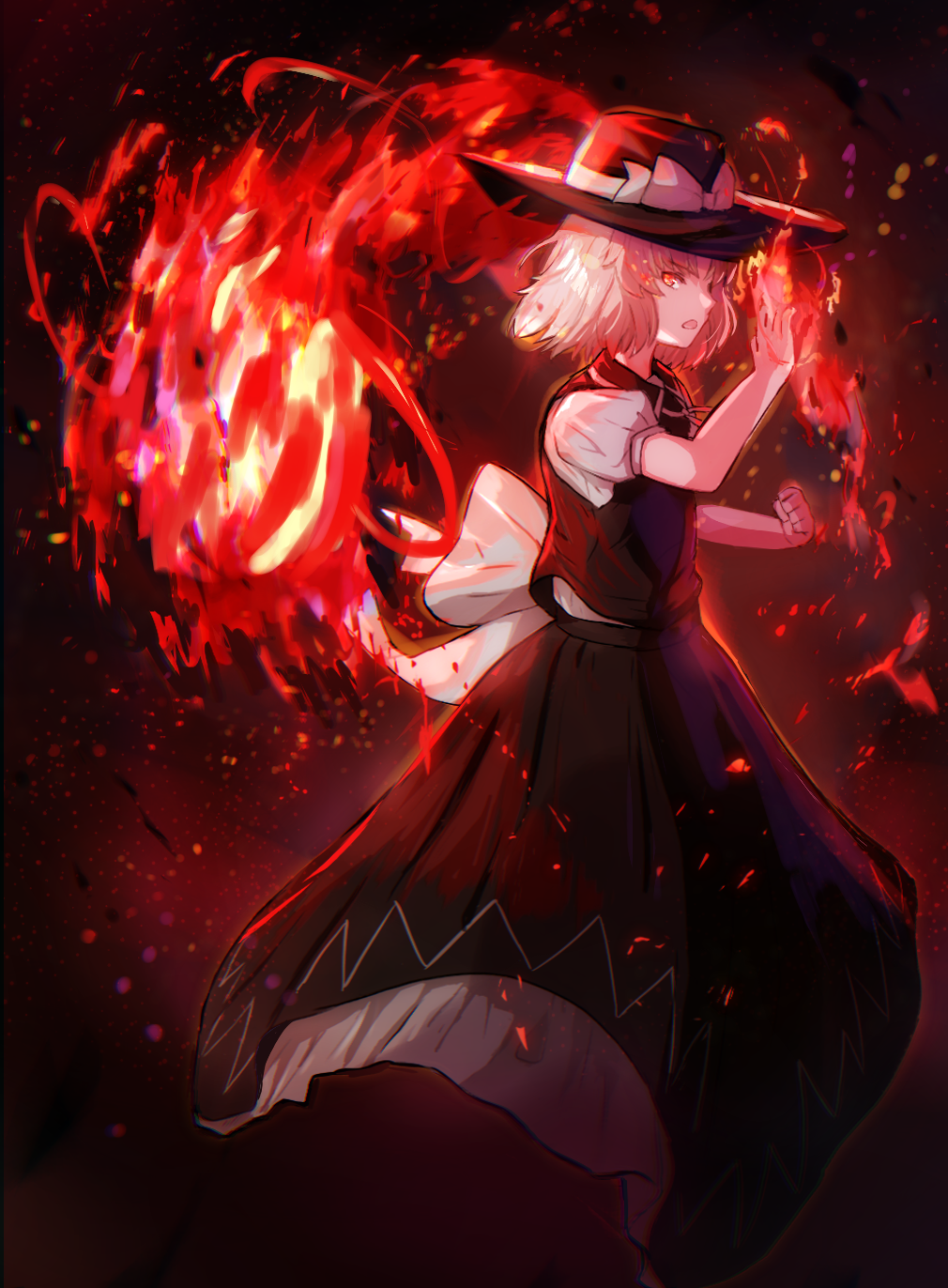 1girl ayumi_(ayumi99999999) black_hat black_skirt black_vest blonde_hair bow fire hat hat_ribbon highres layered_skirt medibang_paint_(medium) medium_hair mystic_square neck_ribbon open_mouth puffy_short_sleeves puffy_sleeves pyrokinesis ribbon shirt short_sleeves skirt solo touhou touhou_(pc-98) v-shaped_eyebrows vest waist_bow white_bow white_ribbon white_shirt yellow_eyes yuki_(touhou)