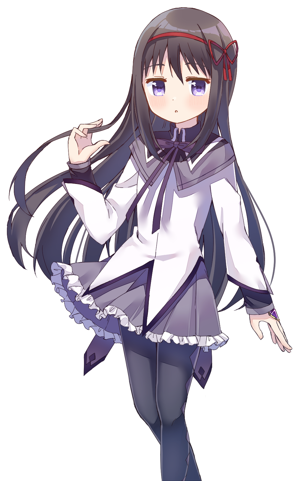 1girl :o akemi_homura akemi_homura_(magical_girl) back_bow black_capelet black_hair black_pantyhose bow bowtie capelet commentary_request dot_nose dress expressionless feet_out_of_frame floating_clothes frilled_skirt frills gem grey_capelet grey_skirt hair_ribbon hairband hand_jewel high_collar highres jitome knees layered_sleeves light_blush long_hair long_sleeves magical_girl mahou_shoujo_madoka_magica mahou_shoujo_madoka_magica_(anime) miniskirt pantyhose parted_lips pleated_skirt purple_bow purple_bowtie purple_eyes purple_gemstone red_hairband red_ribbon ribbon ruru_(rurumagi) short_dress simple_background skirt skirt_under_dress solo standing straight_hair two-tone_capelet very_long_hair white_background white_dress