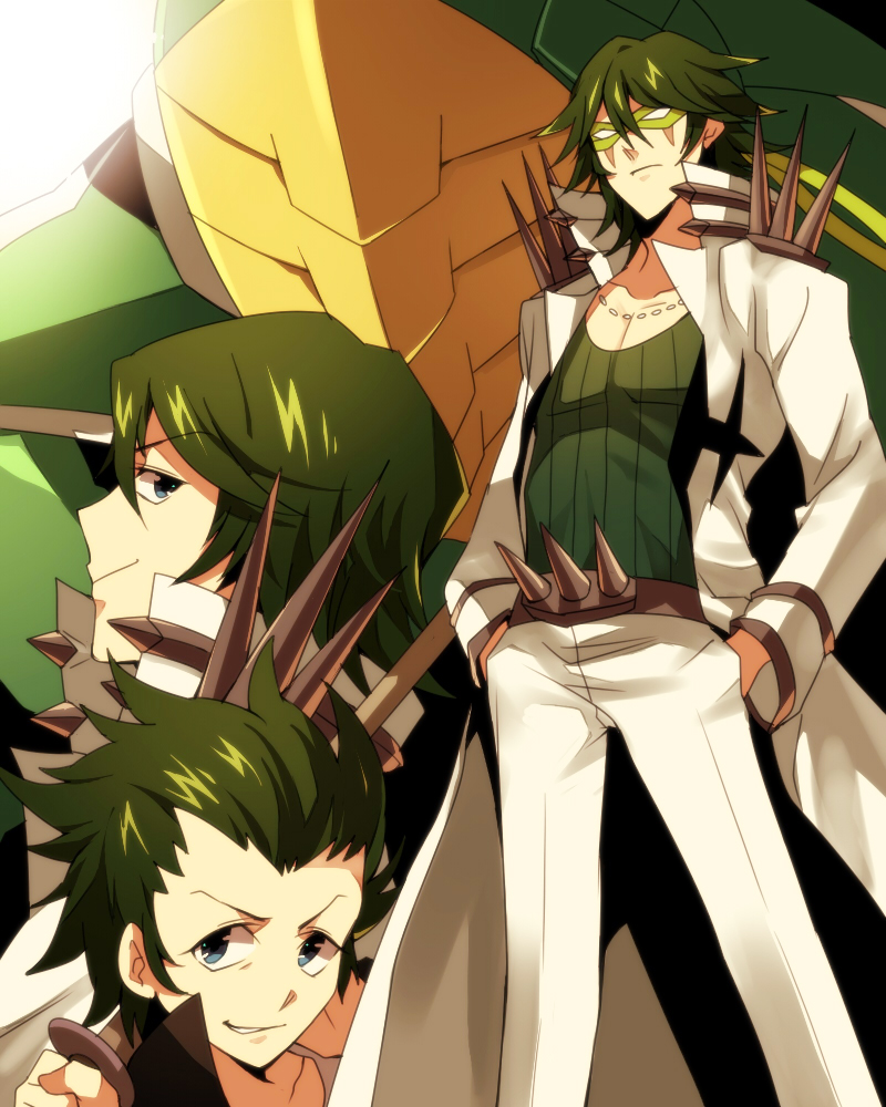 10s 3boys aged_down armor bad_id bad_pixiv_id green_hair hands_in_pockets kill_la_kill long_coat male_focus mask mecha mojya multiple_boys multiple_persona robot sanageyama_uzu sanageyama_uzu_(blade_regalia) scar smile spikes spoilers