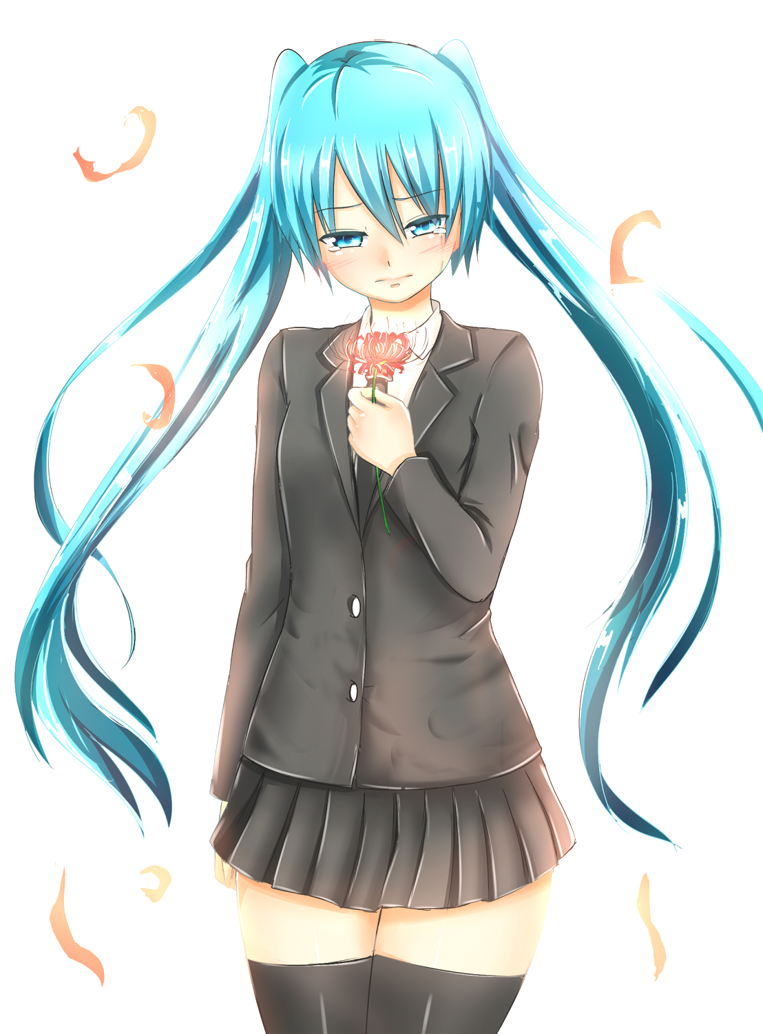 1girl baretto_(karasi07) black_necktie black_skirt black_thighhighs blue_eyes blue_hair female_focus hatsune_miku hatsune_miku_(saihate) highres holding long_hair looking_at_viewer matching_hair/eyes necktie pleated_skirt saihate_(vocaloid) skirt solo thighhighs twintails vocaloid zettai_ryouiki