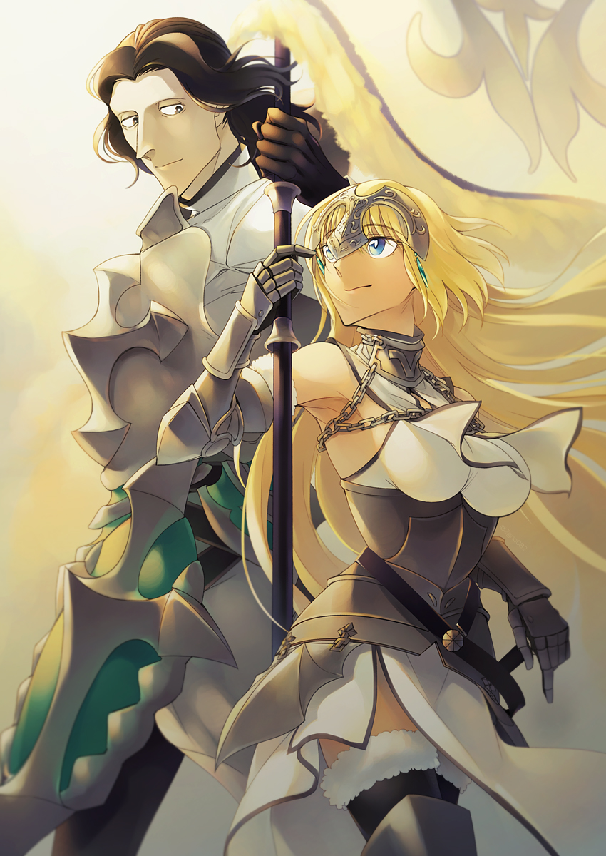 1boy 1girl 2gno082 armor armored_dress banner battle_standard black_hair blonde_hair blue_eyes braid breasts dress fate/grand_order fate_(series) feet_out_of_frame flag gauntlets gilles_de_rais_(fate) gilles_de_rais_(saber)_(fate) glowing hair_between_eyes headpiece highres holding holding_flag jeanne_d&#039;arc_(fate) jeanne_d&#039;arc_(ruler)_(fate) jeanne_d&#039;arc_(third_ascension)_(fate) large_breasts long_hair medium_hair noble_phantasm_(fate) single_braid smile very_long_hair war_banner