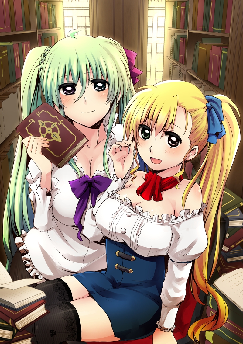 10s 2girls ahoge bad_id bad_pixiv_id bare_shoulders black_legwear blonde_hair blush book bookshelf breasts chair cleavage einhard_stratos green_eyes green_hair hair_ribbon heterochromia large_breasts library long_hair long_sleeves looking_at_viewer lyrical_nanoha mahou_shoujo_lyrical_nanoha_vivid multiple_girls nagashiro_rouge aged_up open_mouth purple_eyes red_eyes ribbon side_ponytail sitting skirt smile thighhighs tome_of_the_night_sky twintails very_long_hair vivio