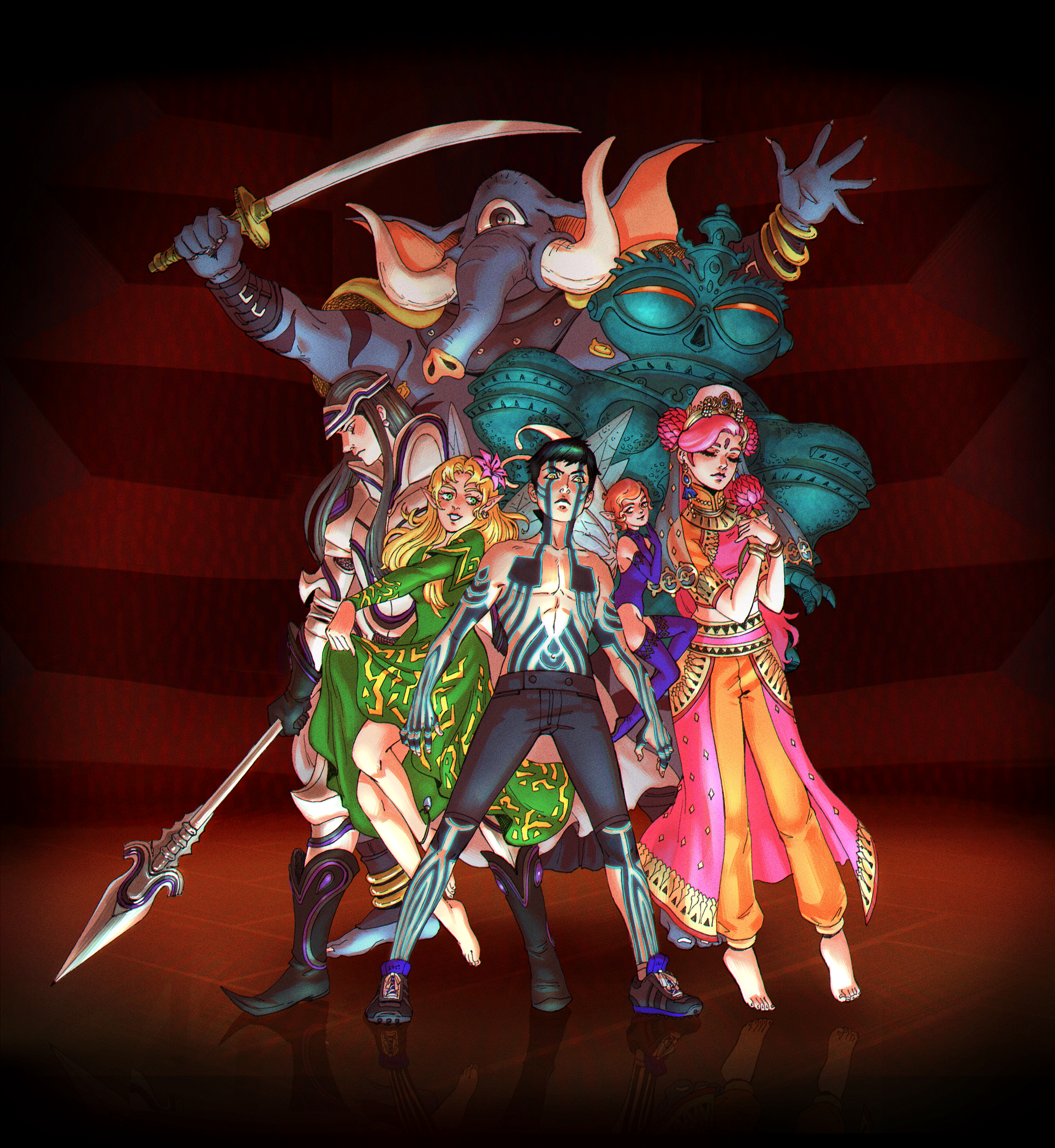 3girls 4boys :< absurdres arahabaki_(megami_tensei) armor barefoot black_hair blonde_hair closed_eyes clothes_lift cu_chulainn_(megami_tensei) demi-fiend demon demon_boy digital_devil_saga dress dress_lift earrings elephant fairy fairy_wings fighting_stance floating flower girimehkala green_dress green_eyes grey_eyes hair_flower hair_ornament highres holding holding_polearm holding_sword holding_weapon indian_clothes jewelry leotard looking_at_viewer looking_down multiple_boys multiple_girls one-eyed parvati_(megami_tensei) pink_flower pink_hair pixie_(megami_tensei) polearm reflective_floor shin_megami_tensei shin_megami_tensei_iii:_nocturne shoes shorts smile sneakers spear standing statue stella_violari sword tattoo thighhighs tiara titania_(megami_tensei) topless_female topless_male weapon wings yellow_eyes