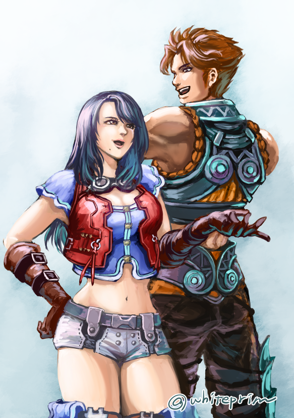 1boy 1girl belt black_hair breasts brown_gloves chigusa_(saju-cherry) crop_top dark_skin gloves long_hair medium_breasts midriff mole mole_under_mouth navel open_mouth reyn_(xenoblade) sharla_(xenoblade) short_shorts shorts simple_background smile thighhighs xenoblade_chronicles_(series) xenoblade_chronicles_1