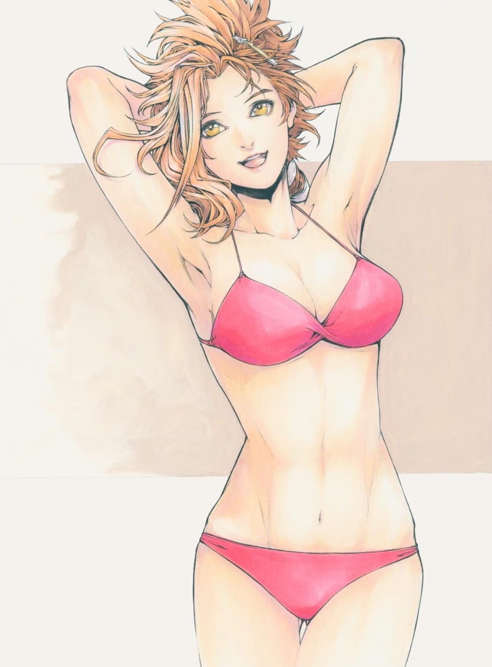 1girl andy_seto anling_(cyber_weapon_z) armpits arms_behind_head bikini breasts brown_hair chinese_commentary cleavage commentary cowboy_shot cyber_weapon_z english_commentary hair_ornament hairclip highres medium_breasts mixed-language_commentary navel open_mouth red_bikini smile solo swimsuit yellow_eyes