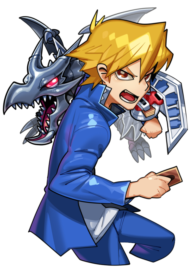 1boy 1other blonde_hair blue_jacket blue_pants brown_eyes card domino_high_school_uniform dragon duel_disk duel_monster holding holding_card jacket jonouchi_katsuya male_focus open_mouth pants red-eyes_black_dragon school_uniform sharp_teeth short_hair sido_(slipknot) teeth white_background yu-gi-oh! yu-gi-oh!_duel_monsters