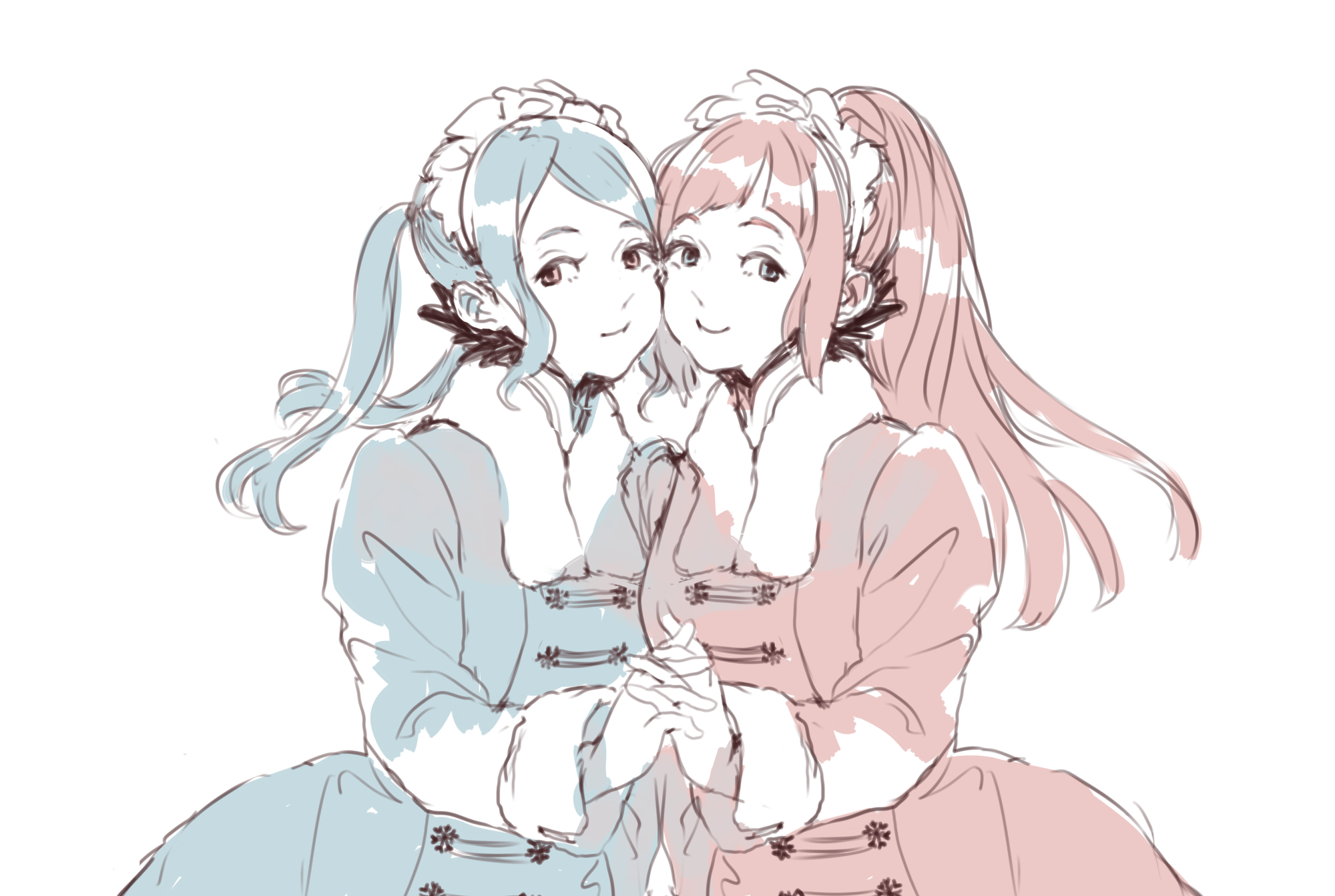 2girls ai-wa alternate_costume blue_hair felicia_(fire_emblem) fire_emblem fire_emblem_fates flora_(fire_emblem) highres holding_hands maid maid_headdress multiple_girls nintendo pink_hair ponytail siblings sisters twins