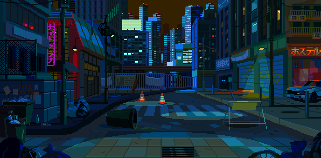 animated animated_gif barricade building car chain-link_fence city fence flickering grate lamppost motor_vehicle multiple_unit_train night no_humans outdoors paper partially_translated pixel_art pocket_rumble railing road scenery sewer_grate sign storefront traffic_cone train translation_request trash_bag trash_can waneella wheel