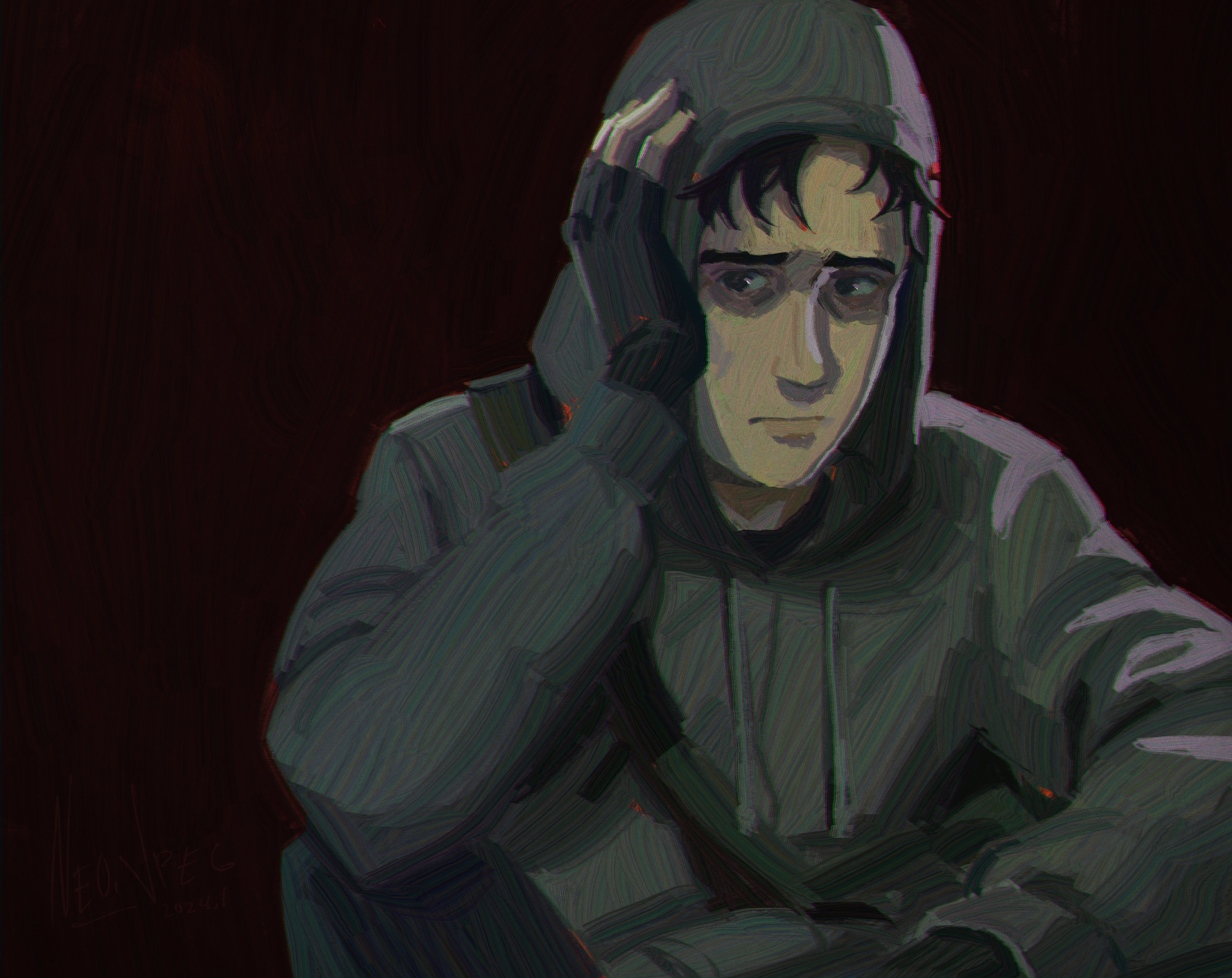1boy :| absurdres bag bags_under_eyes black_background black_eyes black_gloves black_hair closed_mouth cry_of_fear fingerless_gloves gloves grey_hoodie hand_on_lap highres hood hood_up hoodie male_focus neo_jpeg nervous partially_shaded_face short_hair shoulder_bag simon_henriksson sitting solo upper_body