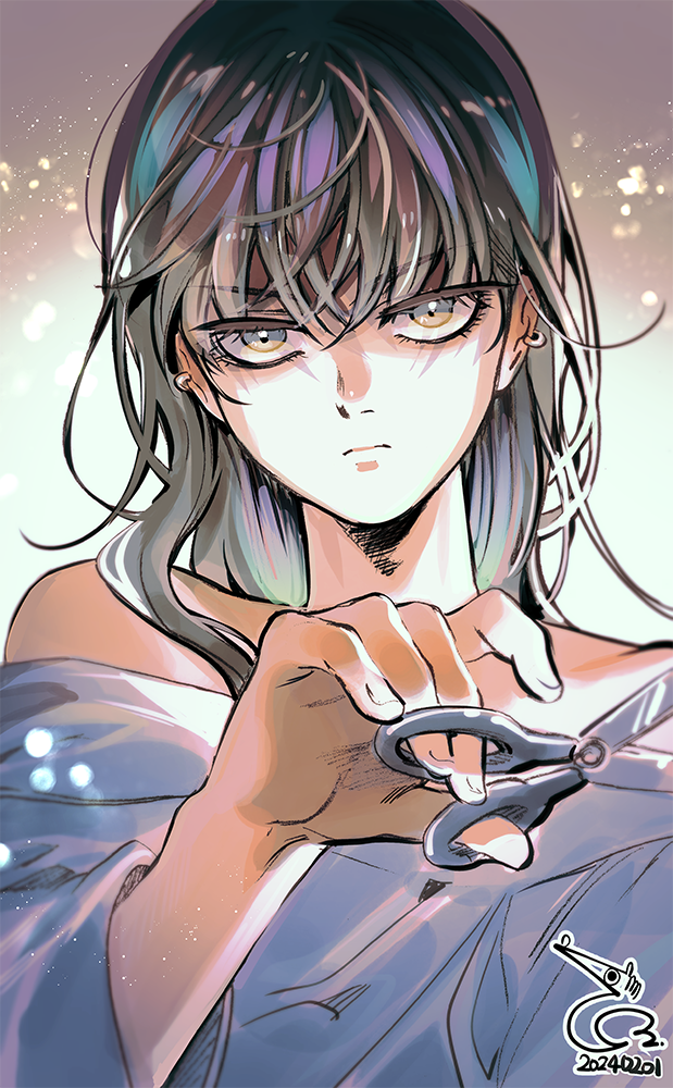 1boy bae_(baebae) brown_eyes brown_hair closed_mouth dated earrings expressionless hair_between_eyes holding holding_scissors jewelry koga_norio long_hair looking_at_viewer male_focus narutaru off-shoulder_shirt off_shoulder scissors shirt solo trap upper_body white_shirt