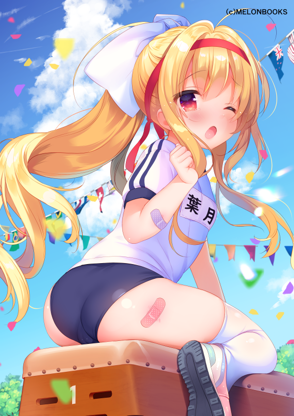 1girl ;o american_flag ass bandaid bandaid_on_arm bandaid_on_leg blonde_hair blue_bow blue_buruma blue_sky blurry blurry_foreground blush bow brazilian_flag buruma clenched_hand cloud cloudy_sky commentary_request day depth_of_field female_focus flags_of_all_nations gym_shirt gym_uniform hair_between_eyes hair_bow hairband hand_up long_hair looking_at_viewer looking_back melonbooks name_tag one_eye_closed open_mouth original outdoors petals piyodera_mucha ponytail puffy_short_sleeves puffy_sleeves red_eyes red_hairband shirt shoe_soles shoes short_sleeves sidelocks sky solo string_of_flags swiss_flag tears thighhighs vaulting_horse very_long_hair white_shirt white_shoes white_thighhighs
