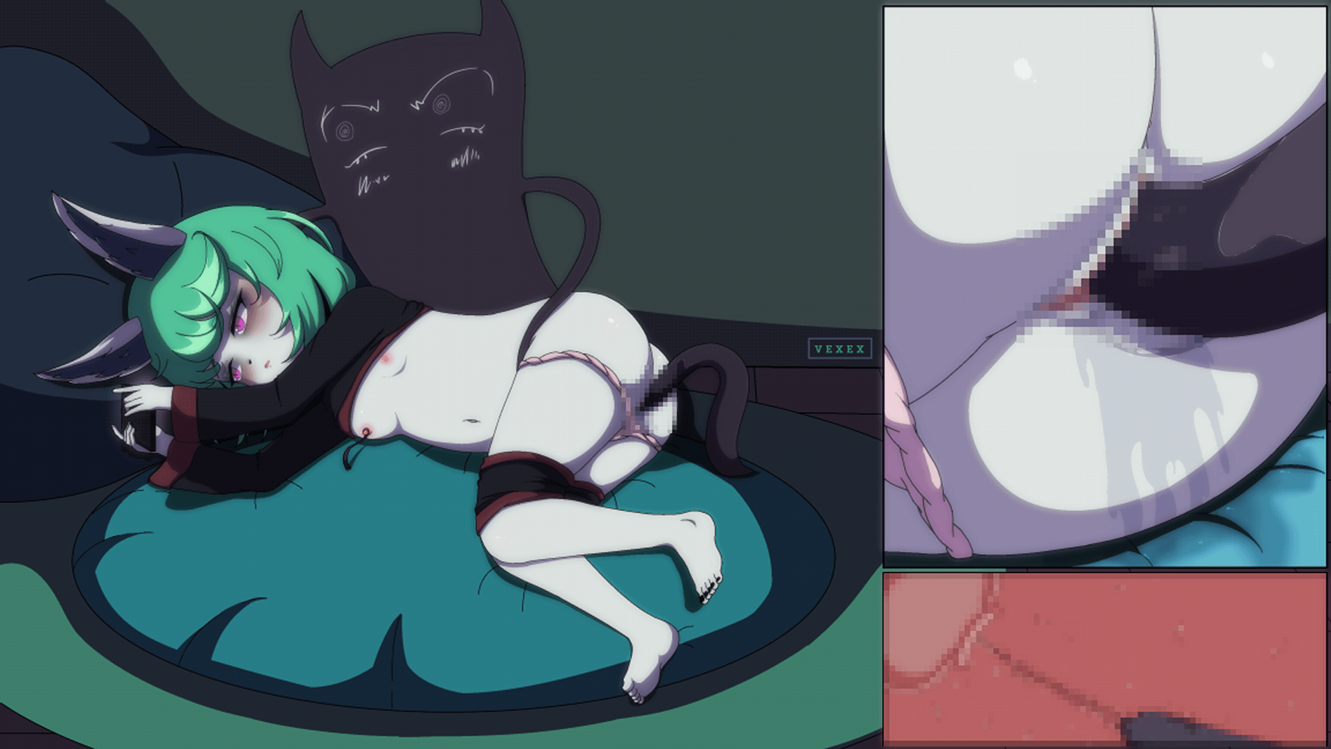 league hentai gif vex (league of legends), league of legends, animated, animated gif,  highres, tagme, ass, ass focus, censored, cervix, clothes lift, colored  skin, feet, green hair, nipples, panties, panties around leg, pink eyes,  pink