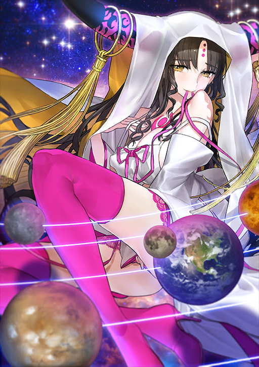 1girl bare_shoulders between_legs black_hair boots breasts cleavage closed_mouth detached_sleeves earth_(planet) facial_mark fate/grand_order fate_(series) forehead_mark hand_between_legs hand_up horn_ornament horns implied_masturbation knee_up lace large_breasts lingerie long_hair long_sleeves looking_at_viewer mouth_hold official_art panties parted_bangs pink_boots pink_panties pink_ribbon planet revealing_clothes ribbon sessyoin_kiara shirt sidelocks smile solar_system solo spaghetti_strap star_(sky) starry_sky_background strap_lift tassel thigh_boots third-party_source two-sided_fabric underwear very_long_hair wada_arco white_shirt white_sleeves wimple yellow_eyes