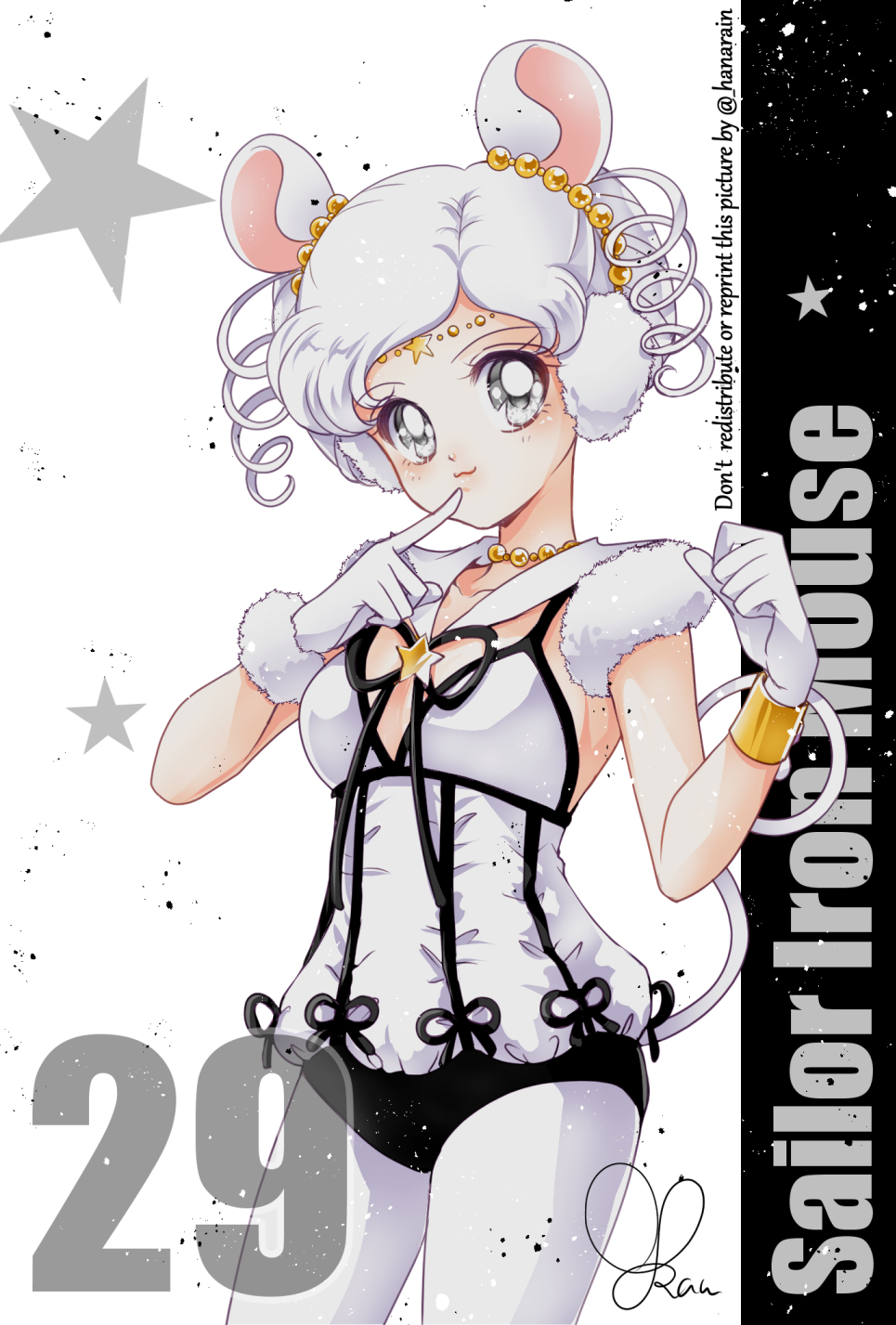1girl animal_ears bishoujo_senshi_sailor_moon bishoujo_senshi_sailor_moon_stars breasts brooch circlet drill_hair gloves grey_eyes highres jewelry mouse_ears mouse_tail necklace pantyhose sailor_collar sailor_iron_mouse sarashina_kau short_hair small_breasts smile solo star_brooch tail white_gloves white_hair white_sailor_collar