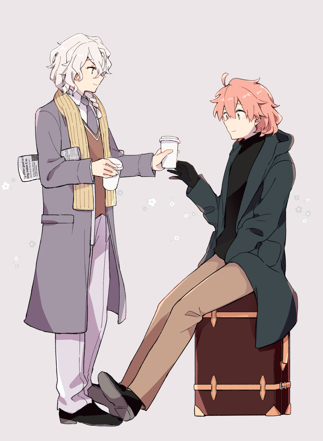 2boys ahoge alternate_costume black_footwear black_gloves black_shirt braid brown_pants brown_sweater_vest carrying carrying_under_arm closed_mouth coat collared_shirt cup disposable_coffee_cup disposable_cup fate/grand_order fate_(series) full_body giving gloves green_coat green_eyes grey_background grey_coat grey_necktie hair_between_eyes hair_over_shoulder hand_in_pocket highres holding holding_cup kak_hac loafers long_sleeves male_focus marisbury_animusphere multiple_boys necktie newspaper official_alternate_costume official_alternate_hair_length official_alternate_hairstyle on_suitcase open_clothes open_coat pants pink_hair romani_archaman scarf shirt shoes simple_background single_braid sitting smile suitcase sweater_vest white_hair white_pants white_shirt wing_collar yellow_scarf
