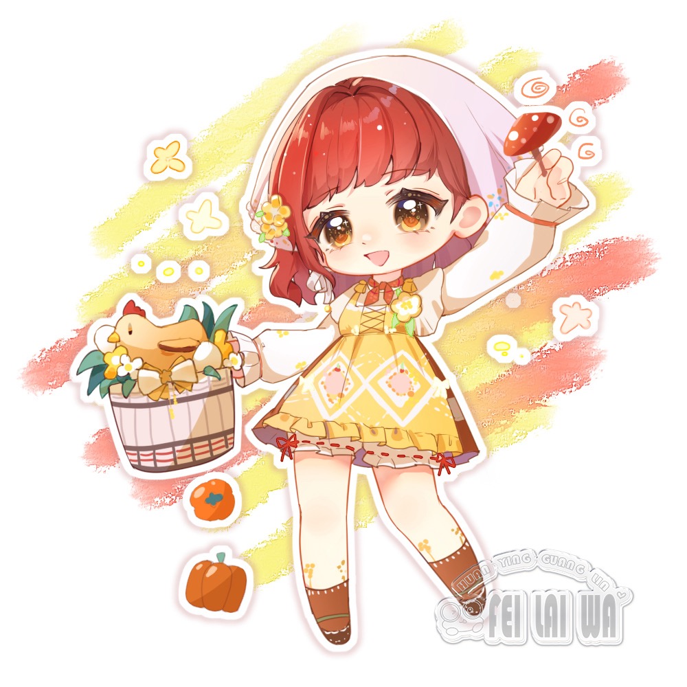 1girl ankle_socks apron artist_name bird bloomers bow brown_eyes brown_shoes brown_skirt brown_socks bucket chibi chicken country_lolita cross-laced_apron dot_nose egg eyelashes feilaiwa floral_print flower flower_tattoo frilled_sleeves frills hair_flower hair_ornament happy headscarf high-waist_skirt holding holding_bucket holding_mushroom infinity_nikki knees layered_sleeves leg_tattoo light_blush lolita_fashion long_sleeves looking_at_viewer medium_hair miniskirt mushroom nikki_(series) open_mouth outline pumpkin red_hair red_ribbon ribbon ribbon-trimmed_bloomers ribbon_legwear ribbon_trim shirt shoes short_over_long_sleeves short_sleeves skirt sleeves_past_wrists smile socks solo spiral standing stardew_valley stardew_valley_encounter_(infinity_nikki) tattoo two-tone_bow underwear watermark white_background white_bloomers white_bow white_flower white_headscarf white_outline white_shirt yellow_apron yellow_flower