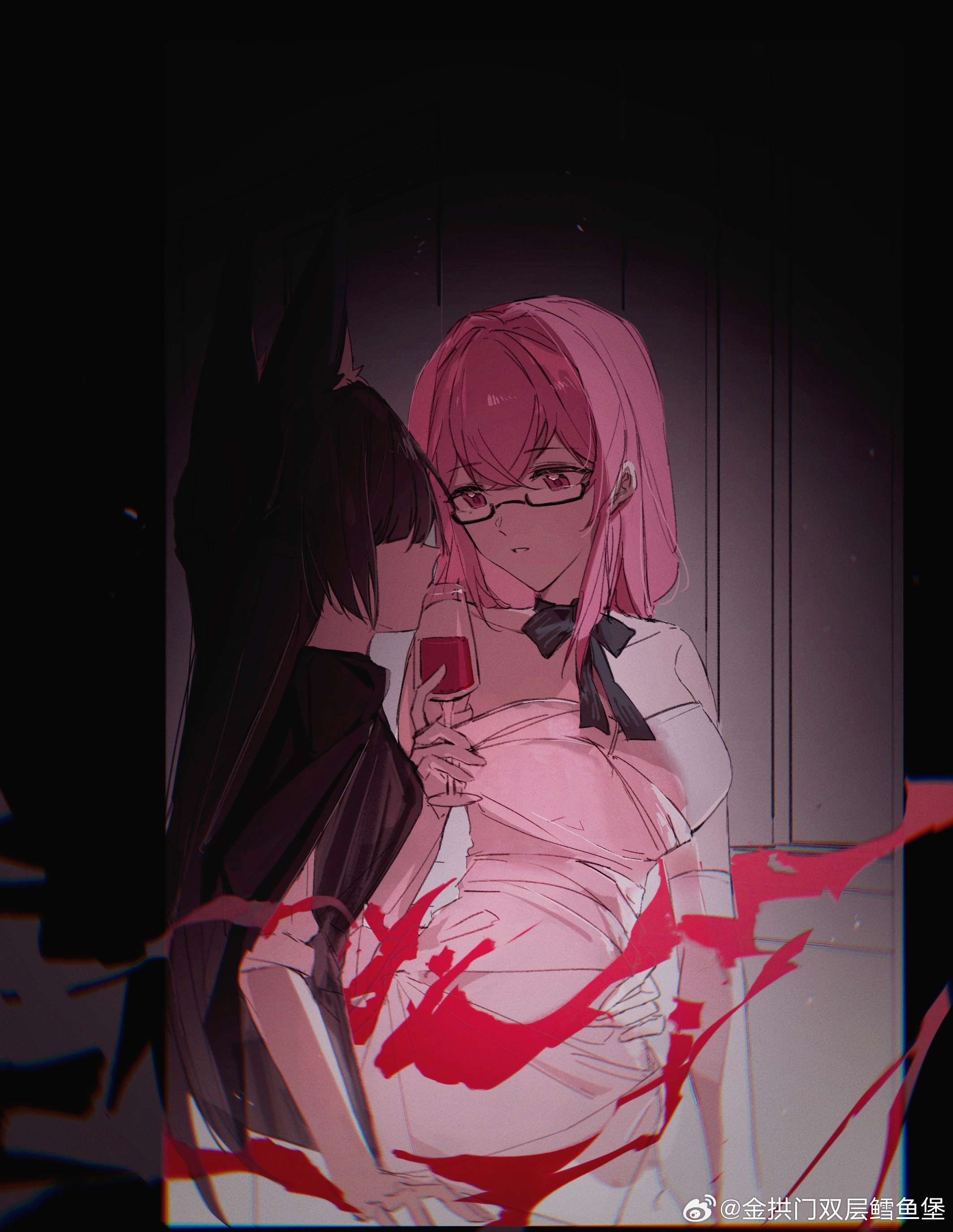 2girls absurdres alternate_costume animal_ears artist_name black_hair blunt_bangs coloki dress elbow_gloves fox_ears fox_girl glasses gloves hair_between_eyes highres hoshimi_miyabi indoors long_hair looking_at_another multiple_girls parted_lips pink_eyes pink_hair sidelocks tsukishiro_yanagi watermark weibo_watermark white_dress white_gloves yuri zenless_zone_zero