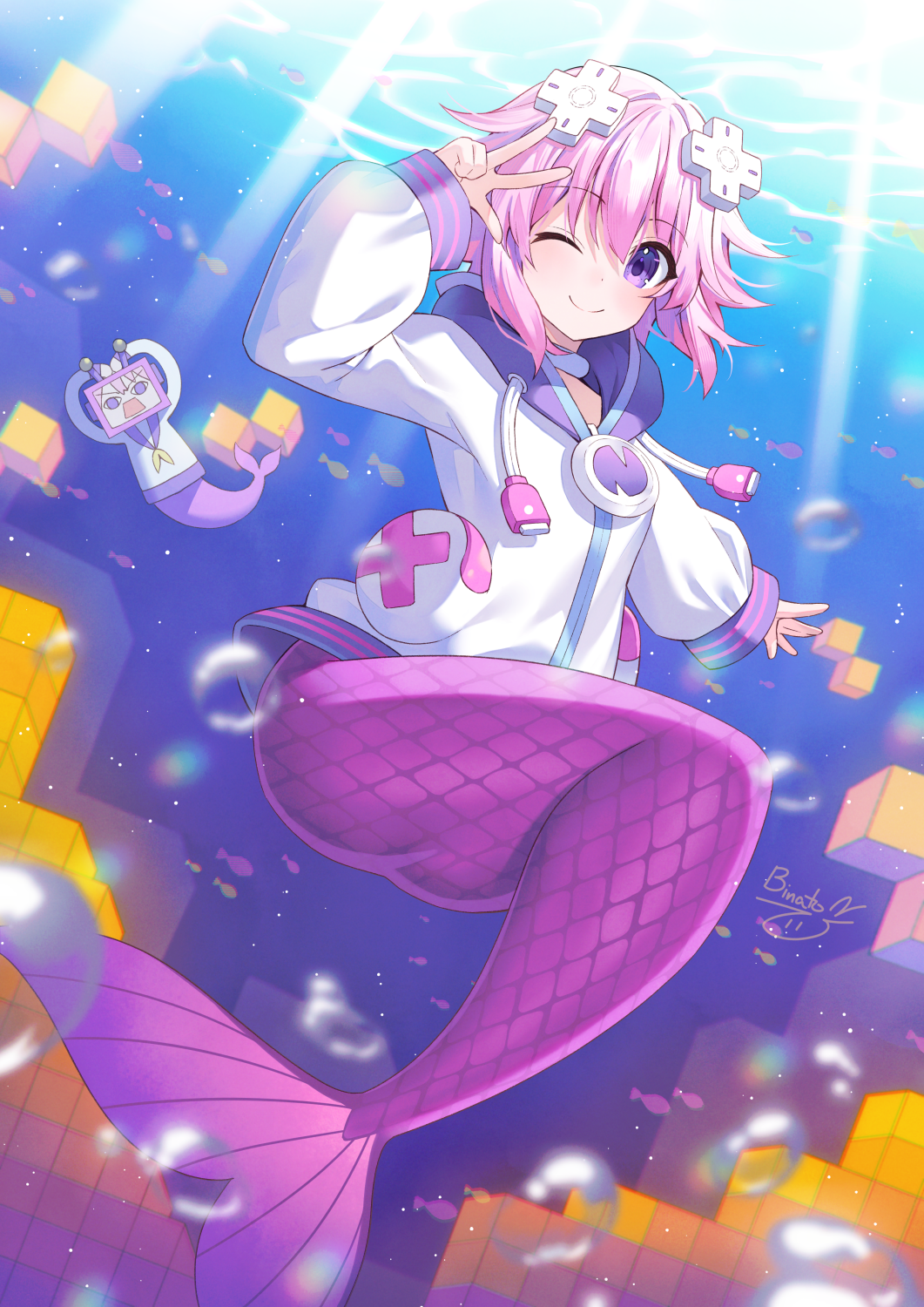 2girls ;) air_bubble arms_up binato_lulu block_(object) blush bubble closed_mouth commentary commission d-pad d-pad_hair_ornament english_commentary fish full_body hair_between_eyes hair_ornament hand_up highres hood hood_down hoodie light_rays long_sleeves looking_at_viewer mermaid monster_girl multiple_girls nepgyaa neptune_(neptunia) neptune_(series) ocean one_eye_closed pink_hair purple_eyes purple_hood short_hair signature smile solo_focus square_head underwater usb v white_hoodie