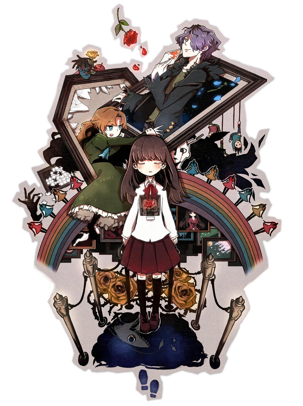 1boy 2girls black_boots black_coat blonde_hair blue_eyes blunt_bangs boots bow bowtie brown_boots brown_hair buttons card child closed_eyes closed_mouth coat collared_shirt commentary_request dextral disembodied_hand doll dress expressionless flower footprints frilled_dress frills full_body fur-trimmed_coat fur_trim garry_(ib) green_dress green_shirt grey_outline hair_over_one_eye happy highres holding holding_card ib_(ib) ib_(kouri) juliet_sleeves knee_boots lace-up_boots leaning_forward light_blush long_dress long_hair long_sleeves mannequin mary_(ib) miniskirt multiple_girls open_clothes open_coat open_mouth outline painting_(object) parted_lips petals pleated_skirt puffy_sleeves purple_hair rainbow reaching red_bow red_bowtie red_flower red_rose red_skirt rose rose_petals shirt short_hair sitting skirt sleeves_past_wrists smile standing straight_hair thorns wavy_hair white_background white_shirt white_sleeve_cuffs yellow_flower yellow_rose