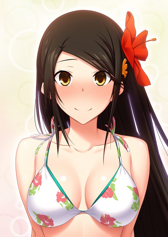 1girl bikini black_hair blush breasts cleavage closed_mouth collarbone commentary_request commission floral_print flower hair_flower hair_ornament hazakura_seiso ikki_(tue_sein_bestes) long_hair looking_at_viewer maji_de_watashi_ni_koi_shinasai! medium_breasts paid_reward_available print_bikini skeb_commission smile solo swimsuit upper_body very_long_hair white_bikini yellow_eyes