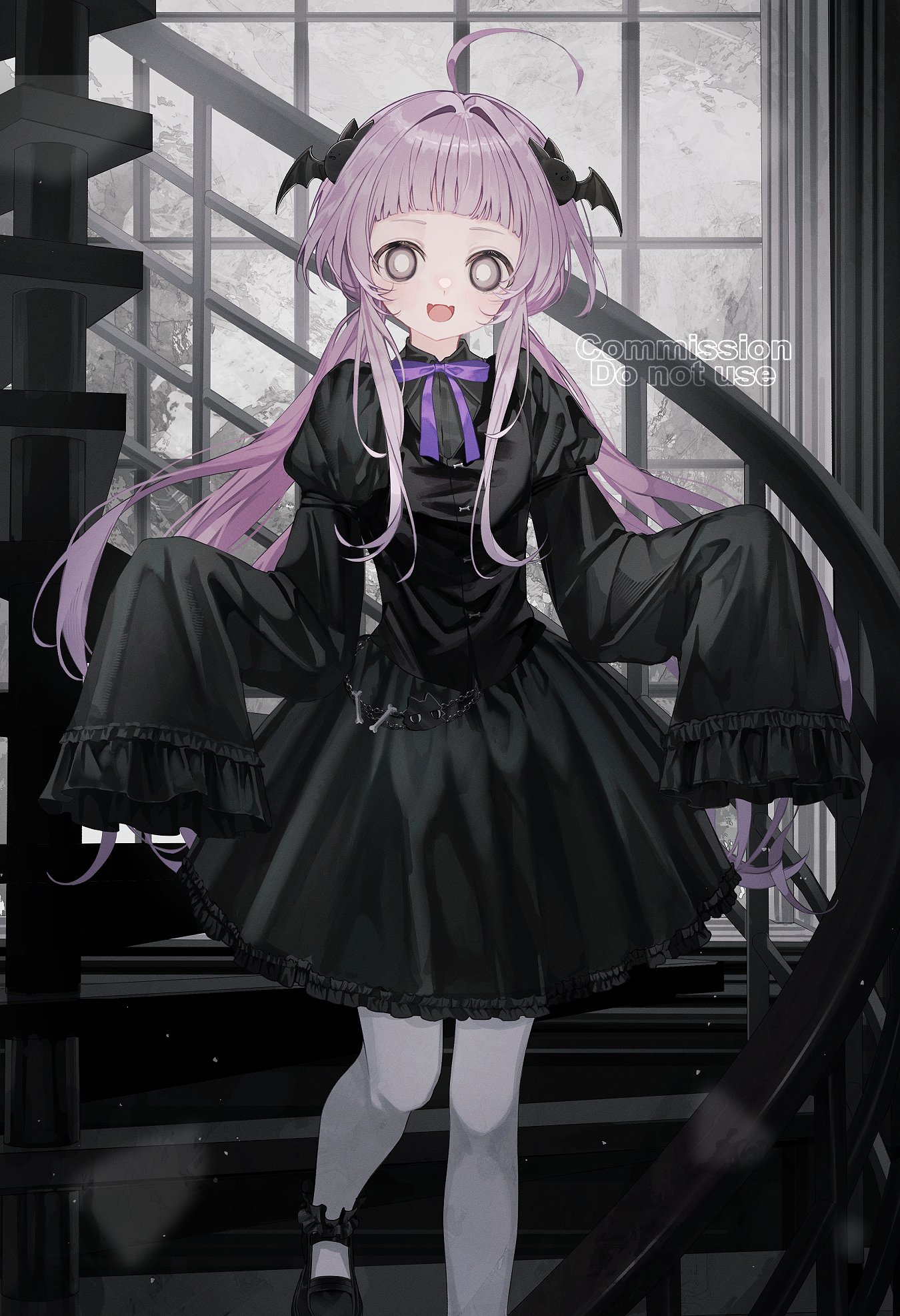 1girl ahoge bat_hair_ornament black_dress bright_pupils commission dress flat_chest grey_eyes hair_ornament highres juliet_sleeves long_hair long_sleeves looking_at_viewer low_twintails neck_ribbon open_mouth original pantyhose pink_hair puffy_sleeves purple_ribbon ribbon sho_(sho_oe4) skeb_commission sleeves_past_fingers sleeves_past_wrists smile solo spiral_staircase stairs twintails white_pantyhose white_pupils