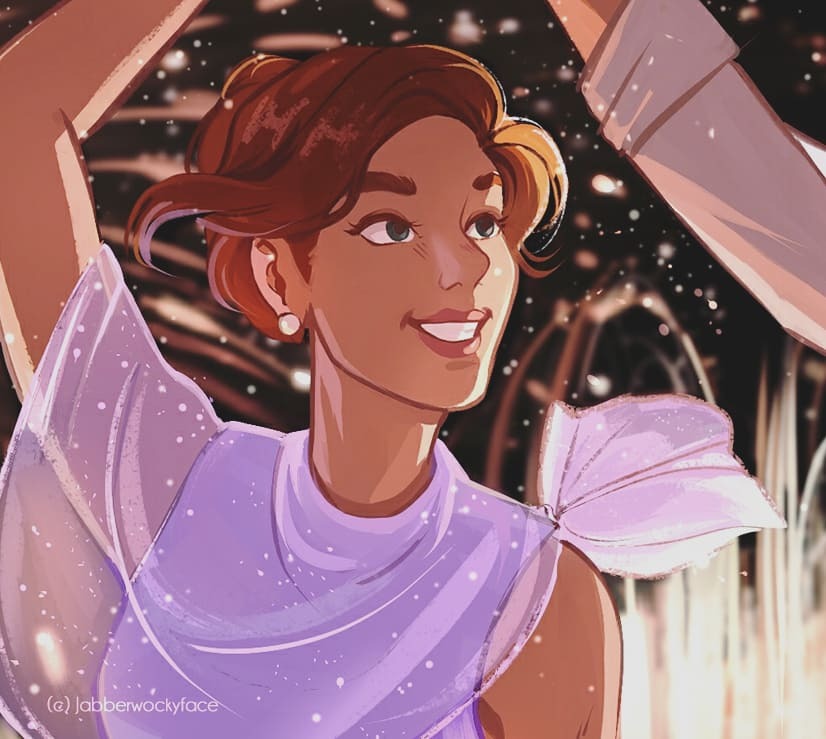 1girl anastasia_(1997) anya_(anastasia) arm_up artist_name commentary commentary_request dress earrings english_commentary fireworks hair_bun jabberwockyface jewelry pearl_earrings pink_lips purple_dress smile upper_body
