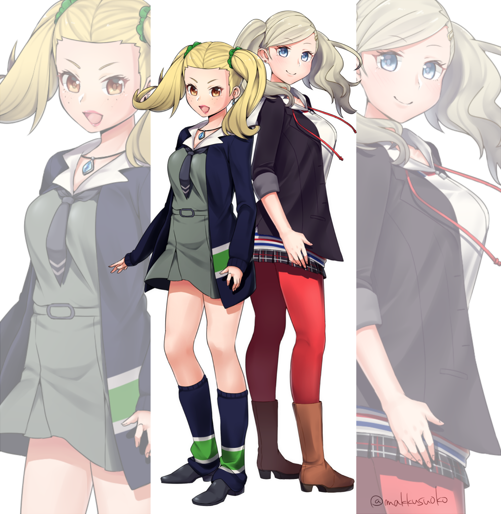 2girls ayase_yuka blonde_hair breasts brown_eyes closed_mouth do_m_kaeru earrings freckles full_body hair_ornament hair_scrunchie in-franchise_crossover jewelry lips long_hair looking_at_viewer multiple_girls necktie open_mouth pantyhose persona persona_1 persona_5 school_uniform scrunchie skirt smile st._hermelin_school_uniform takamaki_anne twintails twitter_username white_background