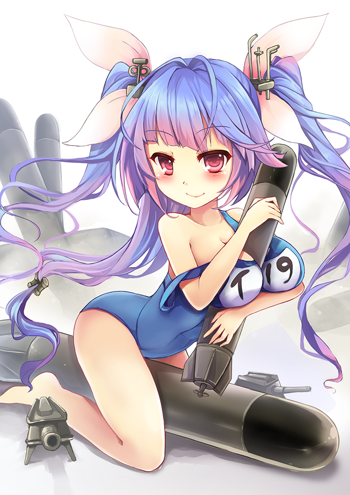 10s 1girl bad_id bad_pixiv_id bare_legs barefoot between_breasts blunt_bangs blush breasts cannon character_name cleavage covered_navel eyeliner female_focus full_body goushou gradient_background hair_ribbon hugging_object i-19_(kancolle) kantai_collection leaning_forward long_hair looking_at_viewer makeup medium_breasts name_tag pink_ribbon red_eyes ribbon school_swimsuit ship_turret simple_background smile solo strap_slip swimsuit tareme torpedo twintails very_long_hair white_background