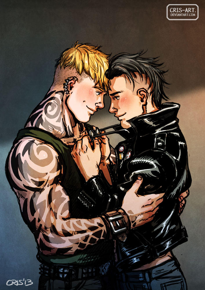 2boys alternate_costume alternate_hairstyle alternate_universe arm_tattoo bara bare_arms wrist_belt black_hair blonde_hair blush couple cowboy_shot cris_art ear_piercing eye_contact unworn_eyewear fanfic forehead-to-forehead from_side green_tank_top hands_on_another&#039;s_arms heads_together holding holding_removed_eyewear hulkling jacket leather leather_jacket looking_at_another male_focus marvel mohawk multiple_boys neck_tattoo pectorals piercing short_hair smile tank_top tattoo thick_eyebrows toned toned_male undercut wiccan yaoi