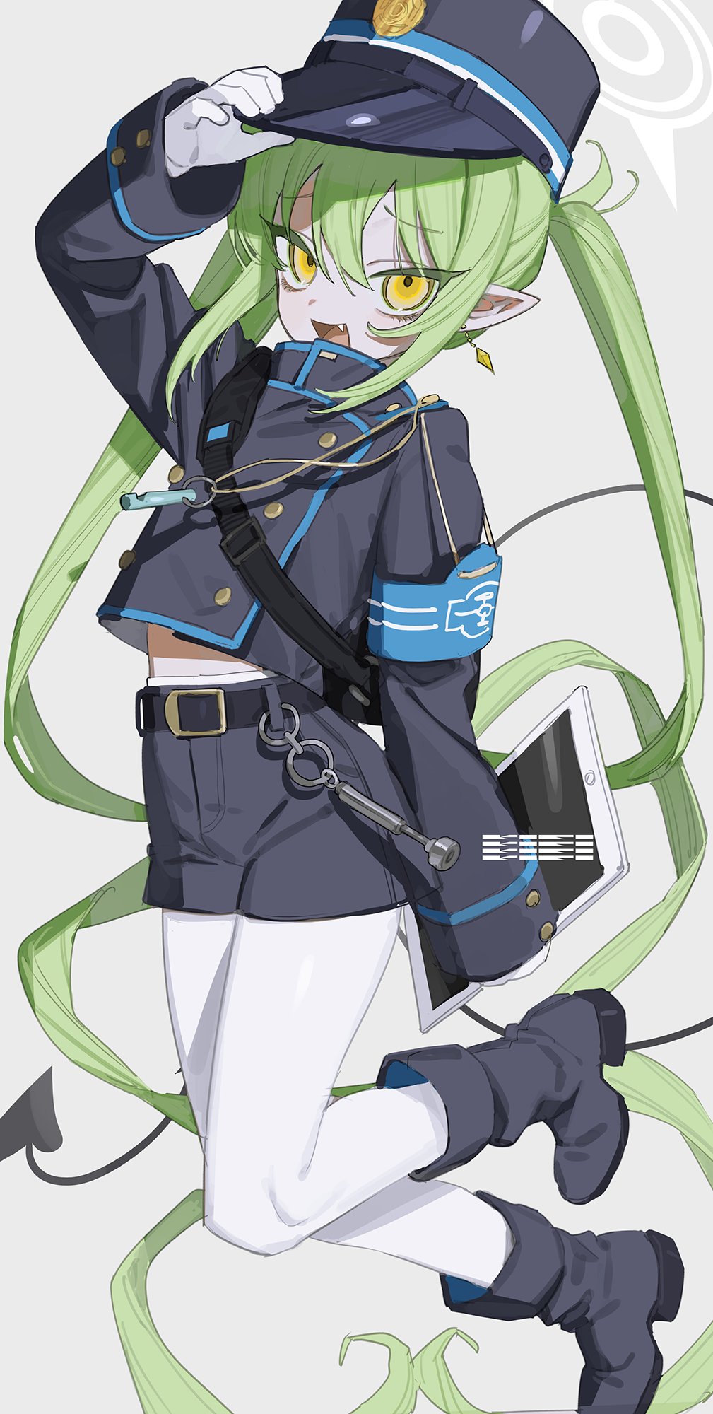 1girl absurdly_long_hair arm_at_side armband belt black_belt black_boots black_hat black_jacket black_shorts blue_archive blue_armband boots buttons demon_girl demon_tail double-breasted earrings fang floating_earring full_body gloves green_hair grey_background halo hand_on_headwear hand_up hashtag-only_commentary hat high_collar highres holding holding_tablet_pc jacket jewelry kepi long_hair long_sleeves looking_at_viewer midriff_peek military_hat mumukyabi nozomi_(blue_archive) open_mouth pantyhose pantyhose_under_shorts pointy_ears short_shorts shorts simple_background smile solo tablet_pc tail twintails very_long_hair whistle white_gloves white_pantyhose yellow_eyes
