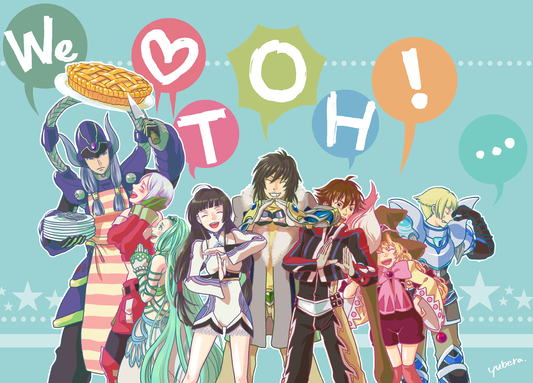 ! ... 4boys 4girls ^_^ annoyed apron armor beryl_benito black_hair blush breastplate brown_hair chalcedony_akerman closed_eyes cowboy_shot dress english_text fork green_eyes green_hair grey_hair grin happy hat heart hisui_hearts ines_lorenzen knife kohaku_hearts kor_meteor kunzite_(tales) long_hair multiple_boys multiple_girls overall_shorts overalls plate lithia_spodumene short_hair smile spoken_ellipsis star_(symbol) striped_apron striped_clothes tagme tales_of_(series) tales_of_hearts text_focus twintails very_long_hair witch_hat