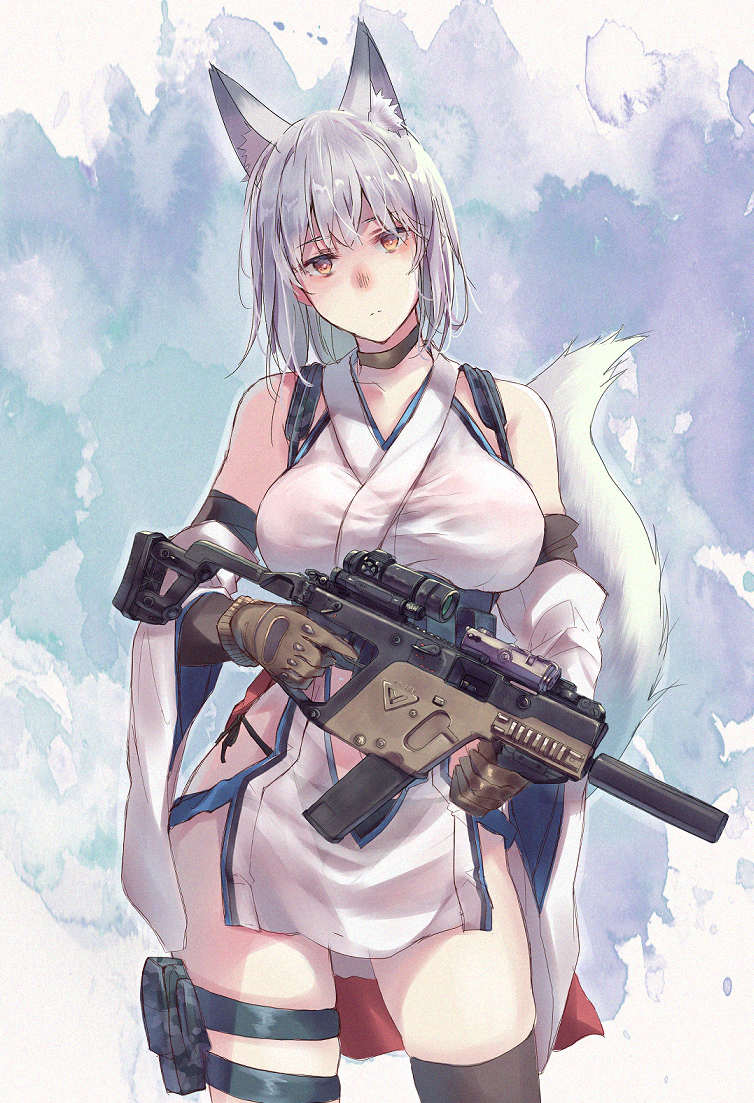 1girl animal_ear_fluff animal_ears asymmetrical_legwear bare_shoulders black_choker black_gloves black_panties black_thighhighs breasts bridal_gauntlets brown_eyes brown_gloves choker closed_mouth commentary cowboy_shot detached_sleeves dress extra_ears fox_ears fox_girl fox_tail gloves gun head_tilt holding holding_gun holding_weapon japanese_clothes kriss_usa kriss_vector large_breasts layered_gloves light_frown looking_at_viewer magpul medium_hair microdress original panties sash sawaya_(mizukazu) scope side-tie_panties silver_hair sleeveless sleeveless_dress solo standing string_panties submachine_gun suppressor tail thigh_strap thighhighs transformational_defense_industries underwear uneven_legwear weapon white_dress white_sleeves