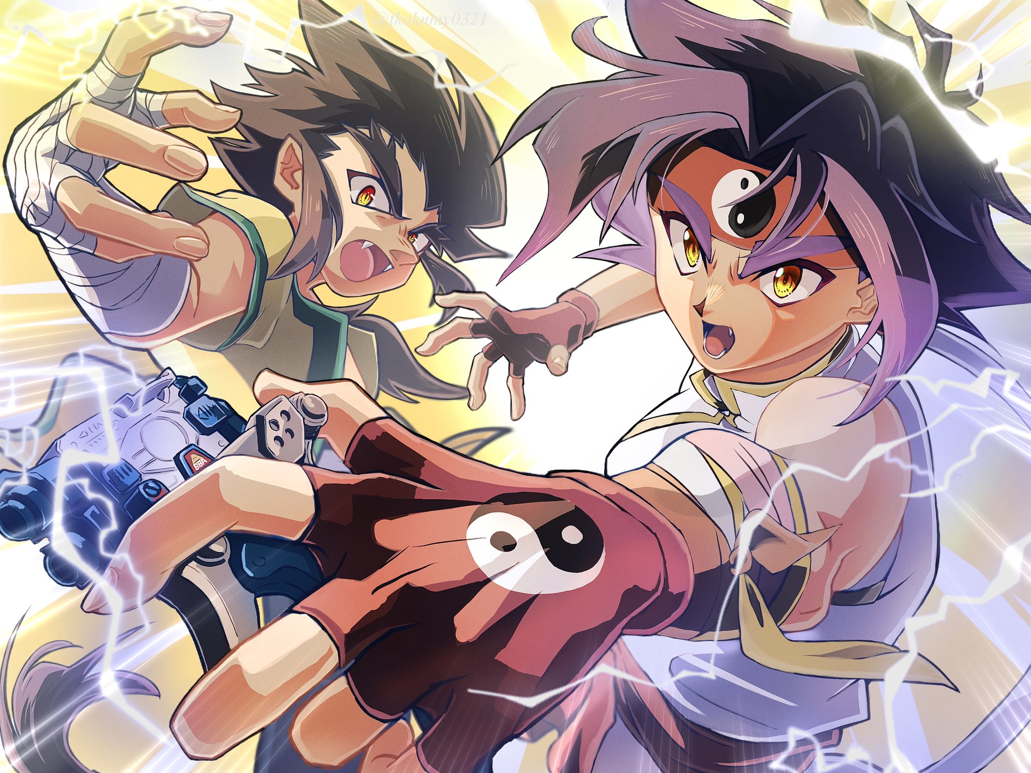 2boys bakuten_shoot_beyblade bandaged_arm bandages bare_shoulders beyblade black_hair brown_eyes chen_rai chinese_clothes electricity fingerless_gloves gloves headband highres holding kon_rei long_hair male_focus multiple_boys ponytail print_gloves print_headband red_gloves red_headband red_sash sash shirt simple_background sleeveless sleeveless_shirt solo spiked_hair tkoknmy0321 upper_body white_background white_shirt yin_yang yin_yang_print