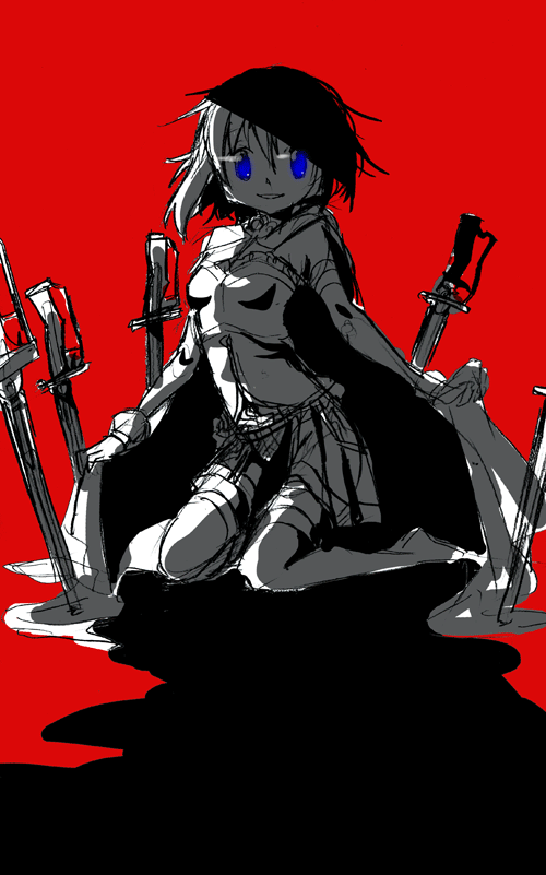 1girl belt blue_eyes cape_hold clothing_cutout collared_cape frilled_shirt frills full_body fumiko_(mesushi) greyscale_with_colored_background grin hair_between_eyes high_contrast kneeling magical_girl mahou_shoujo_madoka_magica mahou_shoujo_madoka_magica_(anime) miki_sayaka miki_sayaka_(magical_girl) miniskirt no_shoes pleated_skirt red_background shadow shirt short_hair skirt smile solo spot_color stomach_cutout stomach_jewel strapless strapless_shirt sword tareme thigh_belt thigh_strap thighhighs weapon