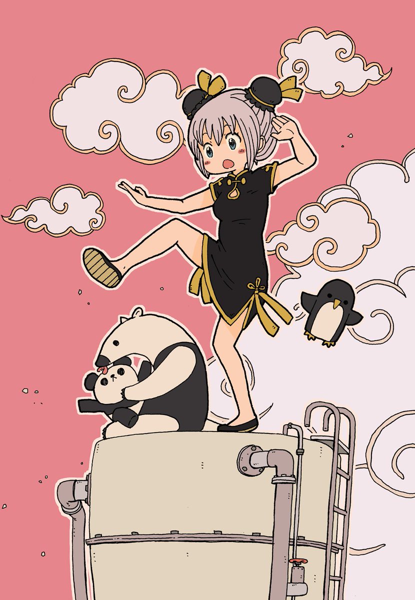 1girl :o animal anteater arm_up bird black_dress black_shoes blue_eyes blush_stickers breasts bun_cover china_dress chinese_clothes cloud commentary_request double_bun dress grey_hair grey_outline hair_between_eyes hair_bun highres ladder open_mouth original outline panda penguin pink_sky shoe_soles shoes short_sleeves sky small_breasts solo standing standing_on_one_leg yukimoto_shuuji_(gurigura)