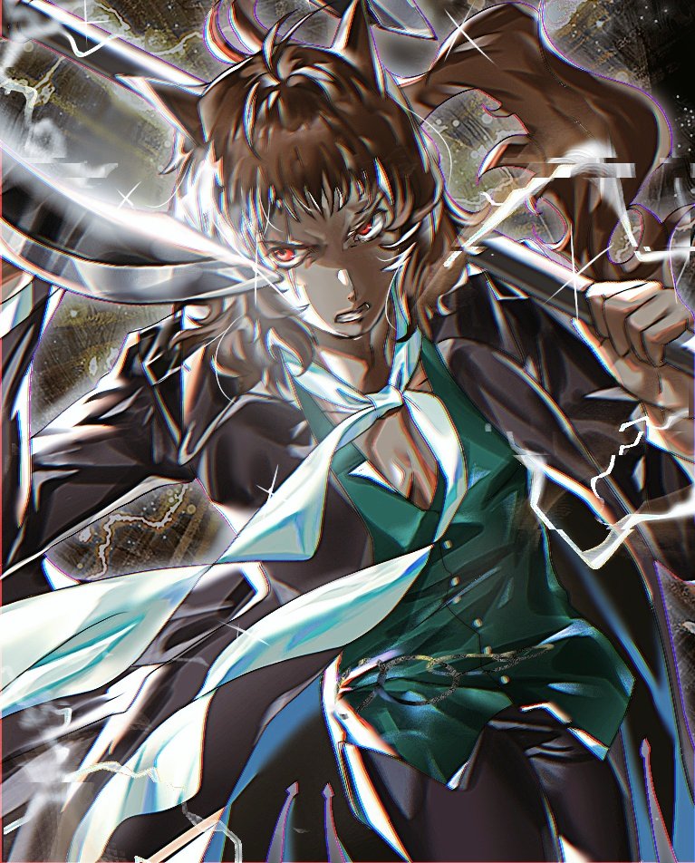 1boy animal_ears axe basilio_(metaphor:_refantazio) black_coat black_pants brown_hair buttons clenched_teeth coat collared_shirt commentary dark-skinned_male dark_skin electricity floating_neckwear green_shirt holding holding_axe holding_weapon long_sleeves looking_to_the_side male_focus medium_hair metaphor:_refantazio open_collar over_shoulder pants pkkoje98bo88835 red_eyes scar scar_across_eye scar_on_face scarf shirt sideways_glance solo sparkle tail teeth weapon weapon_over_shoulder white_scarf