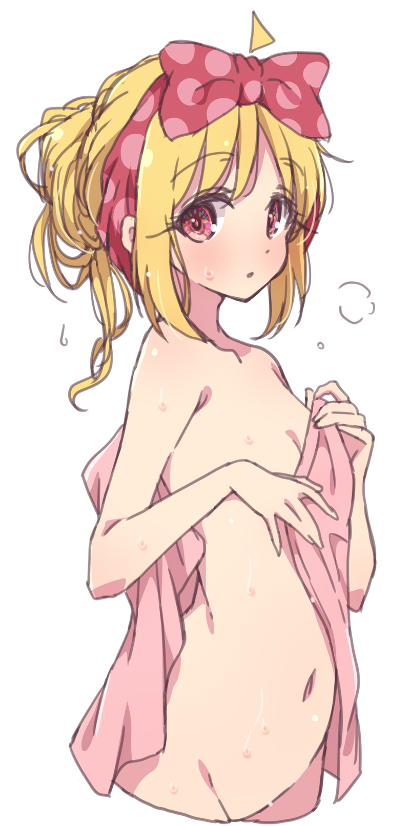 1girl ahoge blonde_hair blush bocchi_the_rock! bow breasts collarbone completely_nude cowboy_shot cropped_legs dot_nose hair_bun hairband highres holding holding_towel ijichi_nijika long_hair looking_at_viewer mel_(melty_pot) messy_hair naked_towel navel nude open_towel opened_by_self polka_dot polka_dot_bow red_bow red_eyes simple_background small_breasts solo standing towel wet white_background