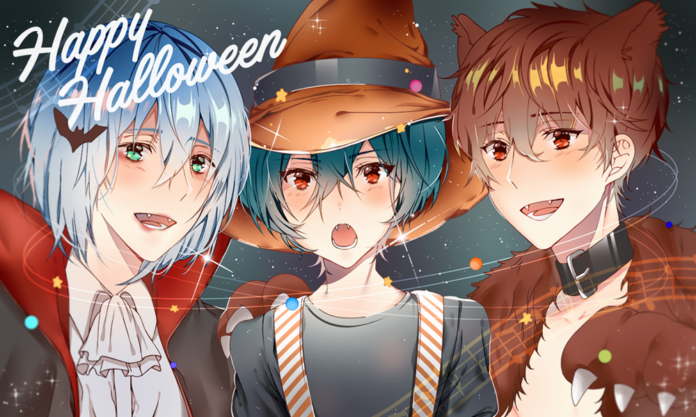 3boys animal_ears animal_hands brown_hair collar fangs green_eyes green_hair halloween halloween_costume hat high_speed! kirishima_ikuya kirishima_natsuya looking_at_viewer male_focus matching_hair/eyes monaka multiple_boys open_mouth purple_hair red_eyes serizawa_nao short_hair text_focus vampire werewolf witch wolf_ears