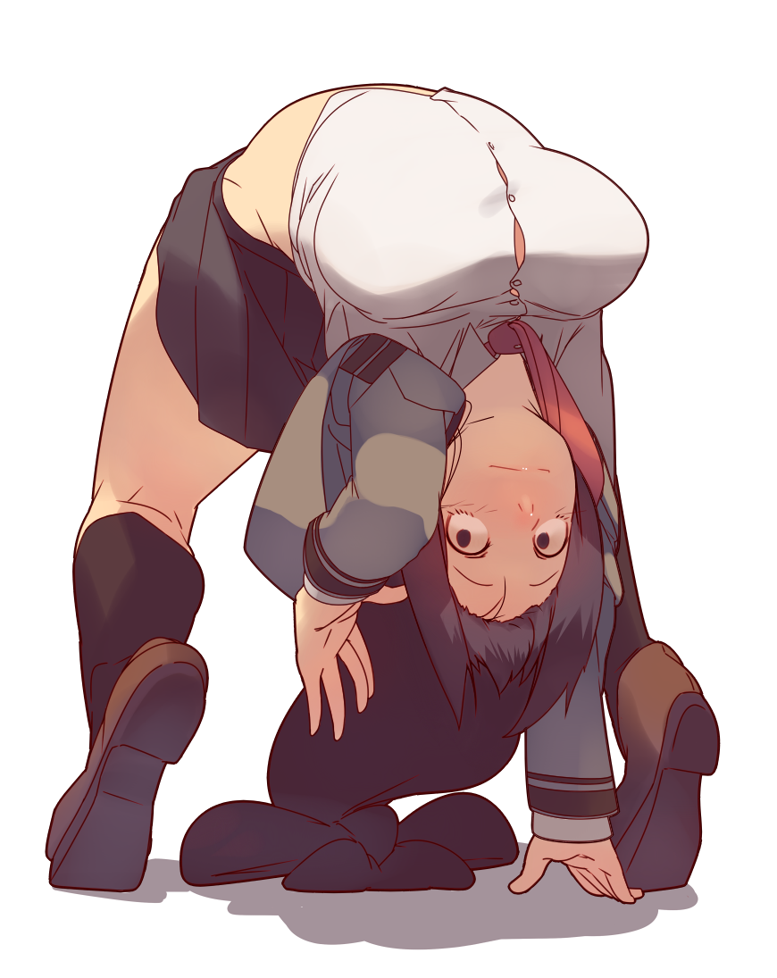 10s 1girl :| arm_support asui_tsuyu black_eyes black_hair black_socks boku_no_hero_academia breasts buttons closed_mouth female_focus flexible kneepits large_breasts leaning_back long_hair long_sleeves looking_at_viewer low-tied_long_hair necktie niko_(toitoi210) no_bra pleated_skirt school_uniform simple_background skirt socks solo upside-down white_background