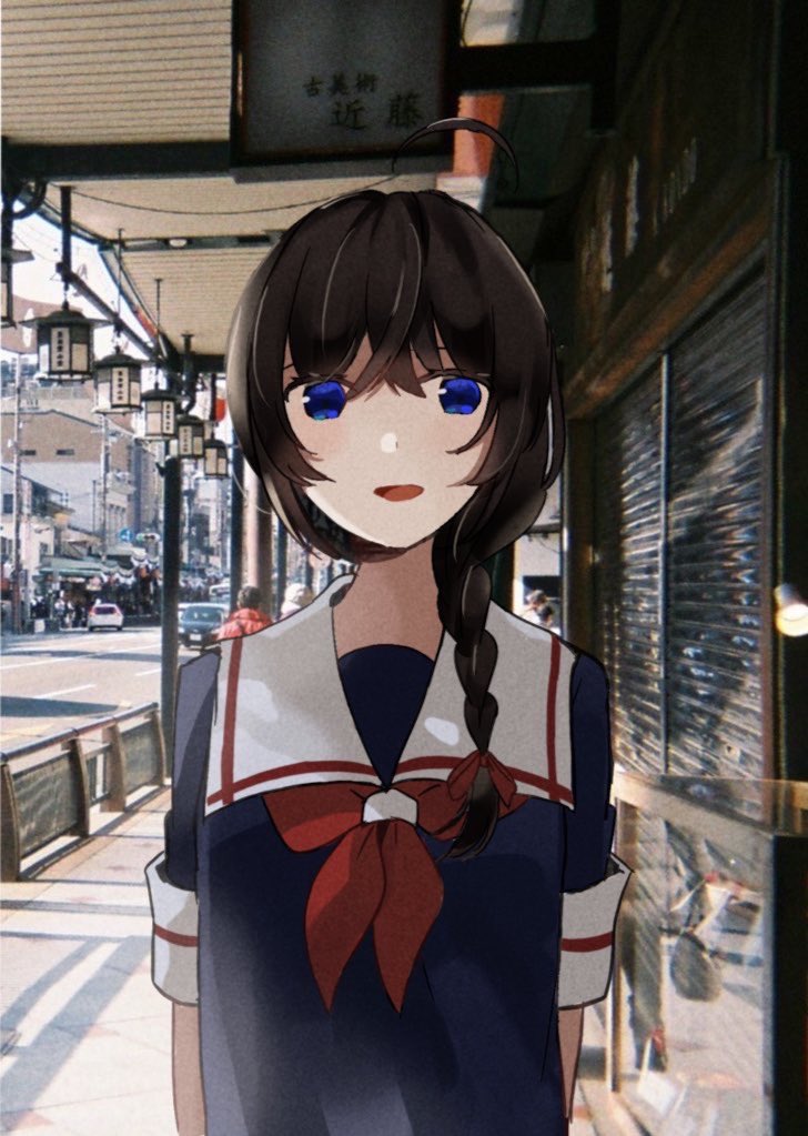 1girl ahoge arms_behind_back blue_eyes braid brown_hair commentary day japan kantai_collection kumahara kyoto lantern looking_at_viewer medium_hair neckerchief open_mouth outdoors photo_background real_world_location red_neckerchief road sailor_collar school_uniform security_shutter shigure_(kancolle) short_sleeves smile solo upper_body white_sailor_collar